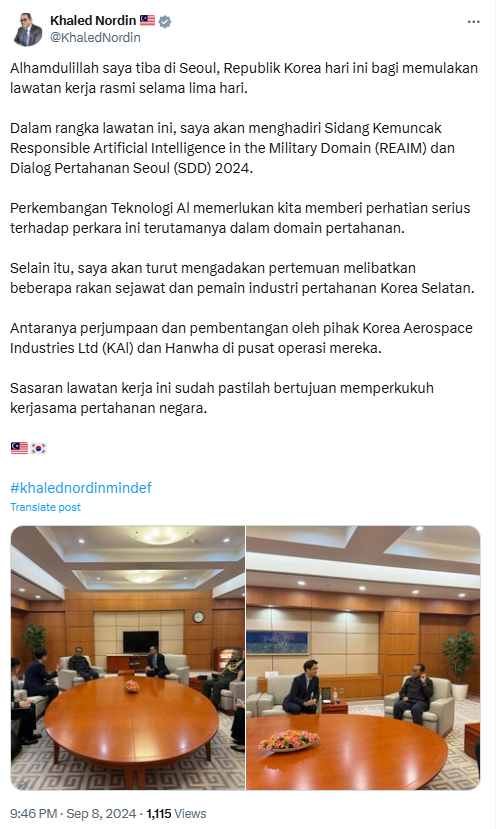 다툭 세리 모하메드 칼레드 노르딘(Datuk Seri Mohamed Khaled Nordin) 국방부 장관이 8일 소셜미디어 엑스(X·옛 트위터)를 통해 방한 일정을 공식화했다. (사진=모하메드 칼레드 노르딘 장관 엑스)