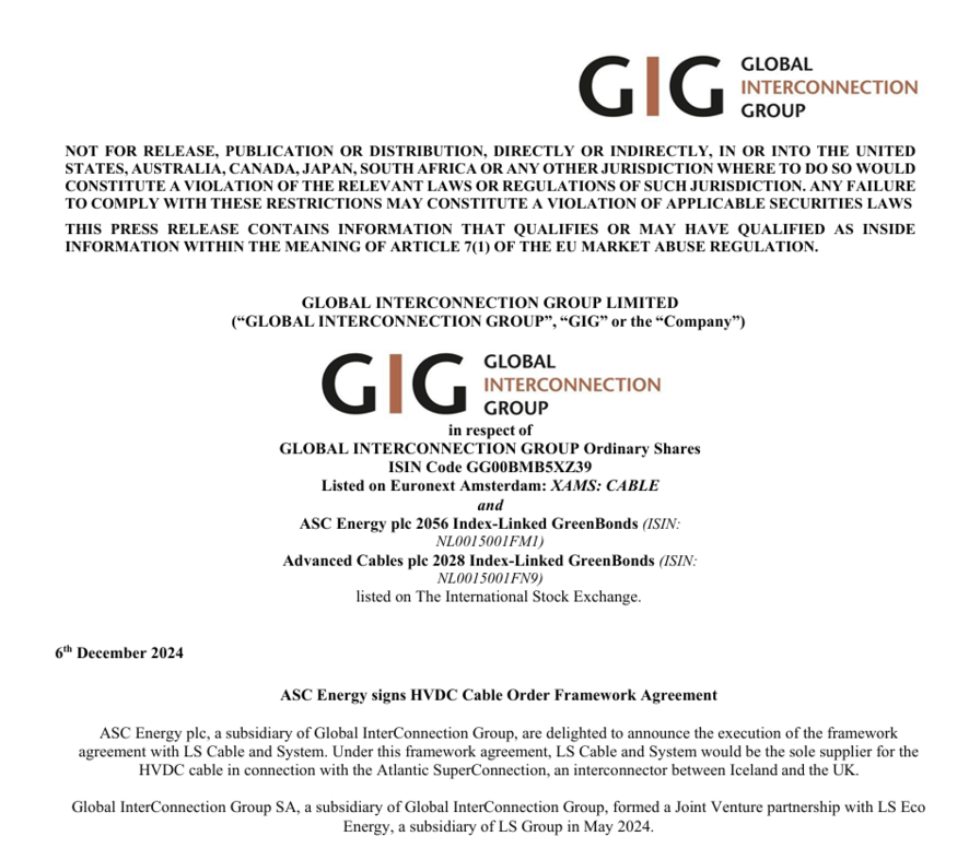 영국 글로벌인터커넥션그룹(이하 GIC)이 LS전선과 초고압직류송전(HVDC) 케이블 공급에 대한 기본 계약(Framework Agreement)을 맺었다고 발표했다. (사진=GIC)