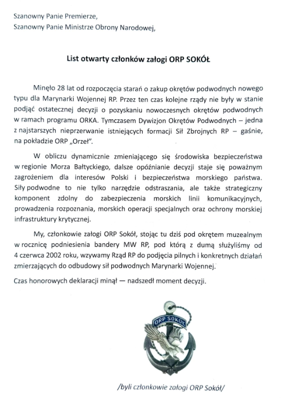 'OPR 소콜(ORP Sokół)' 승조원 단체가 지난 4일(현지시간) 도날트 투스크 폴란드 총리와 코시니악-카미슈 국방장관에 공개 서한을 보내 오르카 프로젝트 사업에 대한 최종 결정을 촉구했다. (사진=OPR 소콜 승조원 단체)