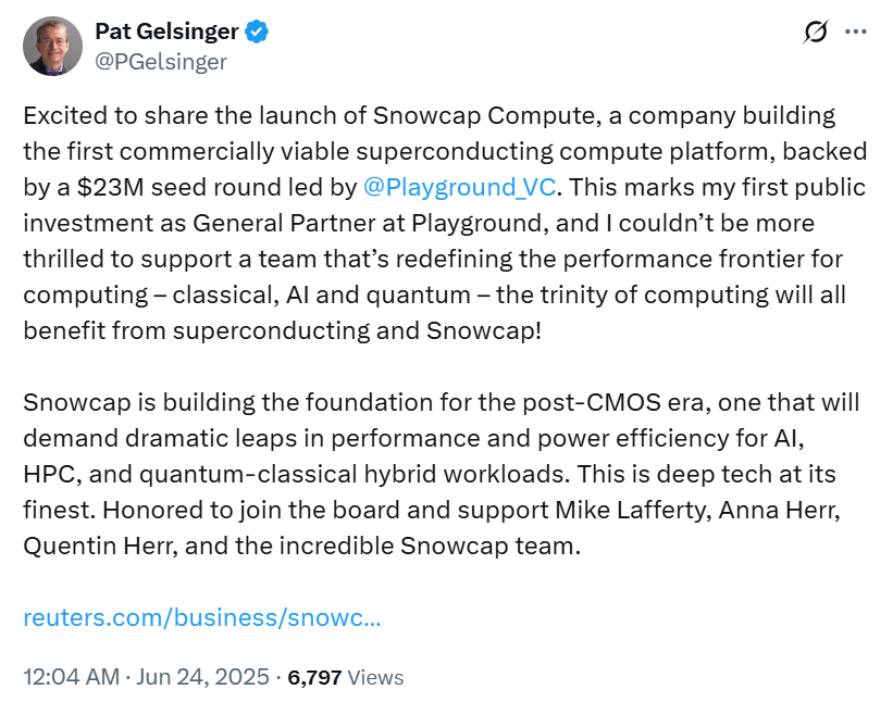 팻 겔싱어(Pat Gelsinger) 인텔 전 최고경영자(CEO)가 초전도 기술을 사용해 인공지능(AI) 컴퓨팅 칩을 개발하는 스타트업인 스노우캡 컴퓨트(Snowcap Compute)에 투자했다. (사진=엑스 @PGelsinger)