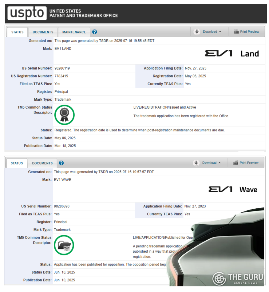 기아가 미국특허청(USPTO)에 출시 예정인 전기차 EV1과 EV2를 포함한 전 라인업에 복수 트림명을 상표 출원했다. (사진=USPTO)