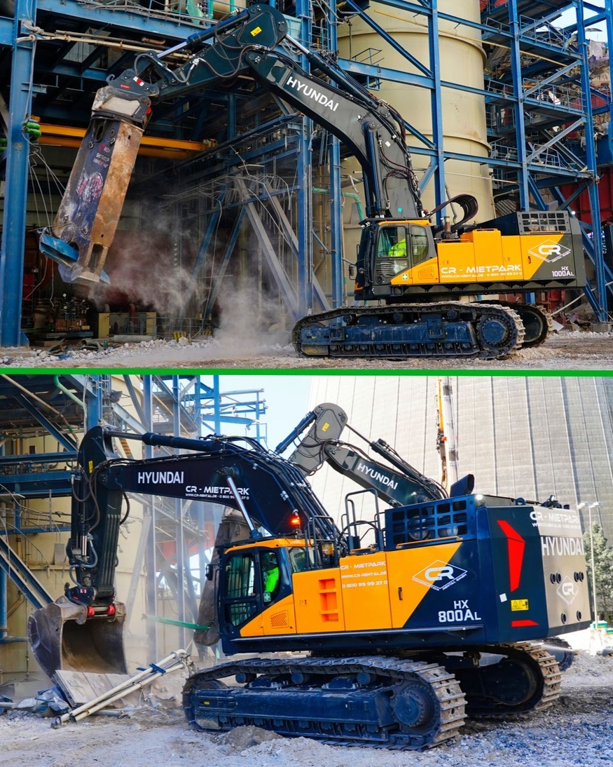 HD현대건설기계가 공급한 100t급 굴착기 HX1000A L(위)과 80톤t급 HX800A L이 발전소 철거 현장에 투입된 모습. (사진=HD현대건설기계 유럽법인 링크드인)