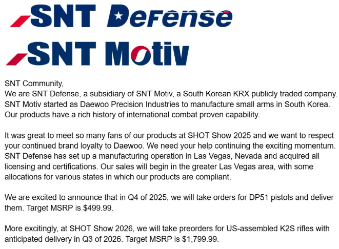 SNT모티브의 미국 총기·부품 자회사 'SNT 디펜스(SNT Defense LLC)'는 최근 인스타그램에서 총기 출시 계획을 밝혔다. (사진=SNT모티브)