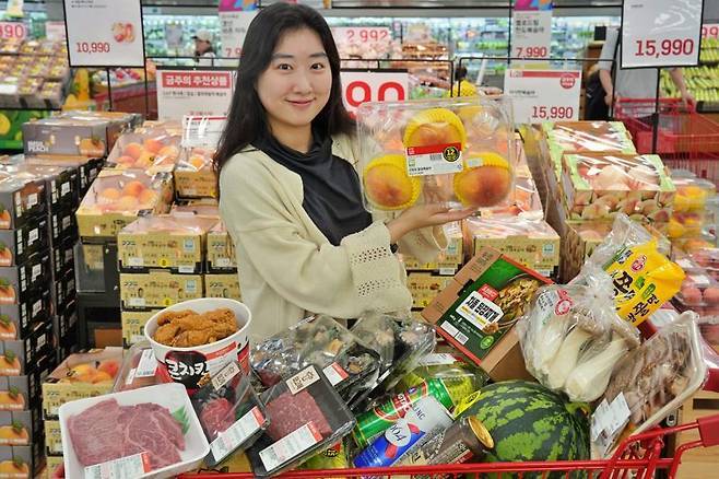 롯데마트가 '떠나요 맛캉스' 행사를 진행하는 가운데 모델이 나들이객을 위한 먹거리를 소개하고 있다.(사진=롯데마트)