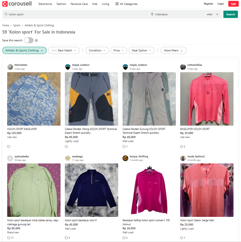 동남아 최대 중고거래 플랫폼 '캐로셀(Carousell)' 인도네시아 홈페이지에서 활발하게 거래되고 있는 코오롱스포츠 제품들. (사진=캐로셀 홈페이지 갈무리)