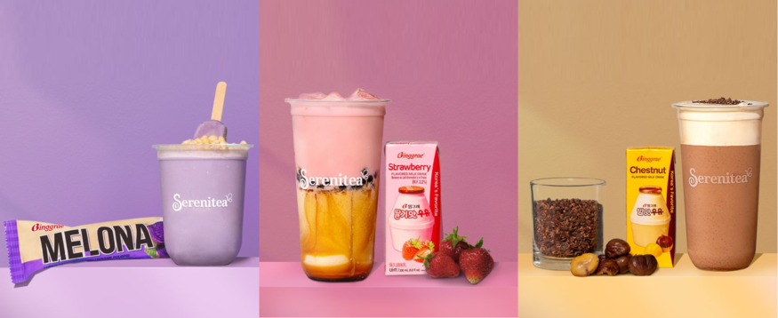 빙그레가 필리핀 인기 밀크티 전문 체인 '세레니티아(Serenitea)'와 손잡고 선보이는 현지 한정판 음료 3종. (사진=세레니티아)