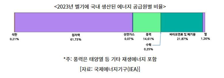 2023년 벨기에 국내 생산된 에너지 공급원별 비율. (그래프=코트라)
