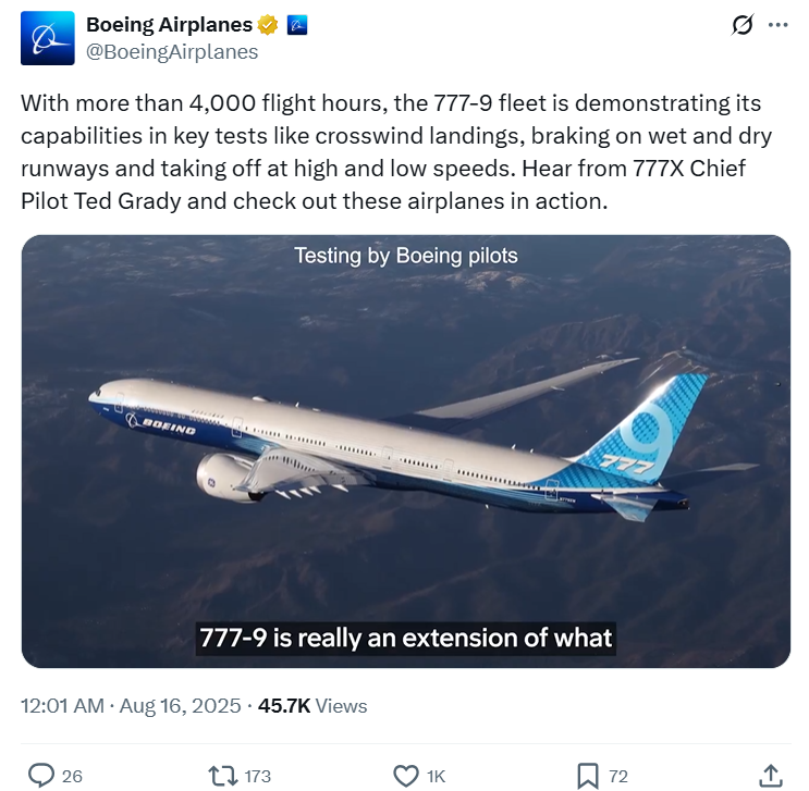 보잉은 16일(현지시간) 소셜미디어 엑스(X)에 777-9 테스트 영상을 공개했다. (사진=엑스@BoeingAirplanes)
