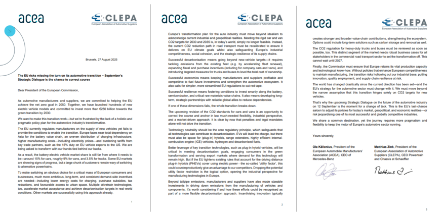 유럽자동차제조협회(ACEA)와 자동차부품협회(CLEPA)는 유럽집행위원회(EC)에 본낸 공식 서한. (자료=ACEA)