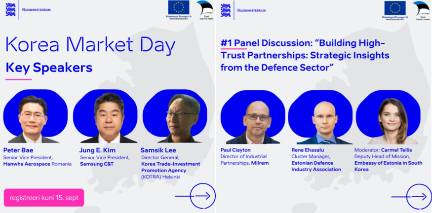 South Korea Market Day에서 배진규 한화에어로스페이스 루마니아 법인장(왼쪽 첫번째)과 Paul Clayton 밀렘 로보틱스 산업협력 총괄 디렉터(왼쪽 네번째)가 각각 기조연설과 연설을 한다. (사진=에스토니아 외교부)