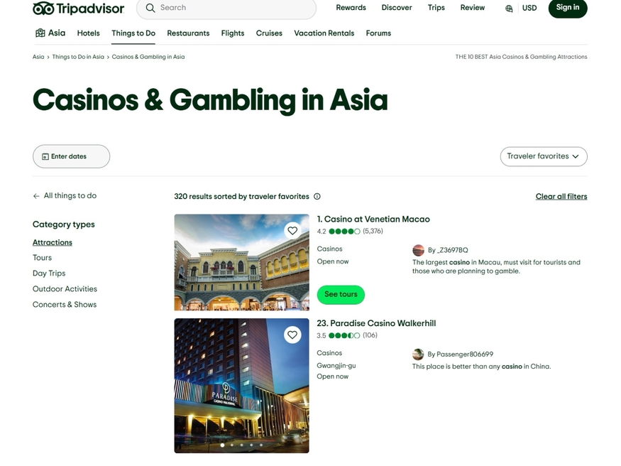 파라다이스 카지노 워커힐이 '트립어드바이저(Tripadvisor)'가 선정한 '아시아 최고의 카지노·갬블링 명소'에서 23위를 기록했다. (사진=트립어드바이저 홈페이지 갈무리)