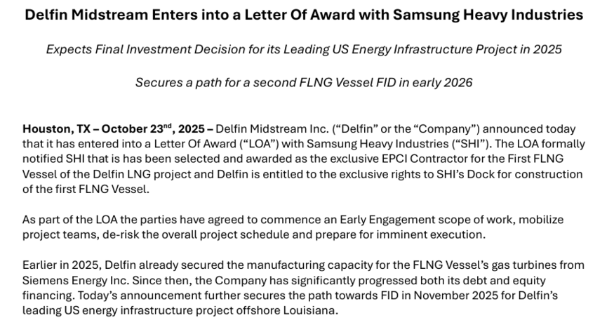미국 델핀 미드스트림(Delfin Midstream Inc, 이하 델핀)이 23일(현지시간) 삼성중공업과 부유식 액화천연가스 생산·저장·하역설비(FLNG) 건조를 위한 낙찰의향서(LOA)를 체결했다고 밝혔다. (사진=델핀)