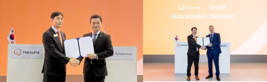 한화시스템이 ADEX 2025에서 신스펙티브·SH 디펜스와 각각 MOU를 체결했다. (사진=Synspective, Rene Bertelsen SH Defence CEO 링크드인)