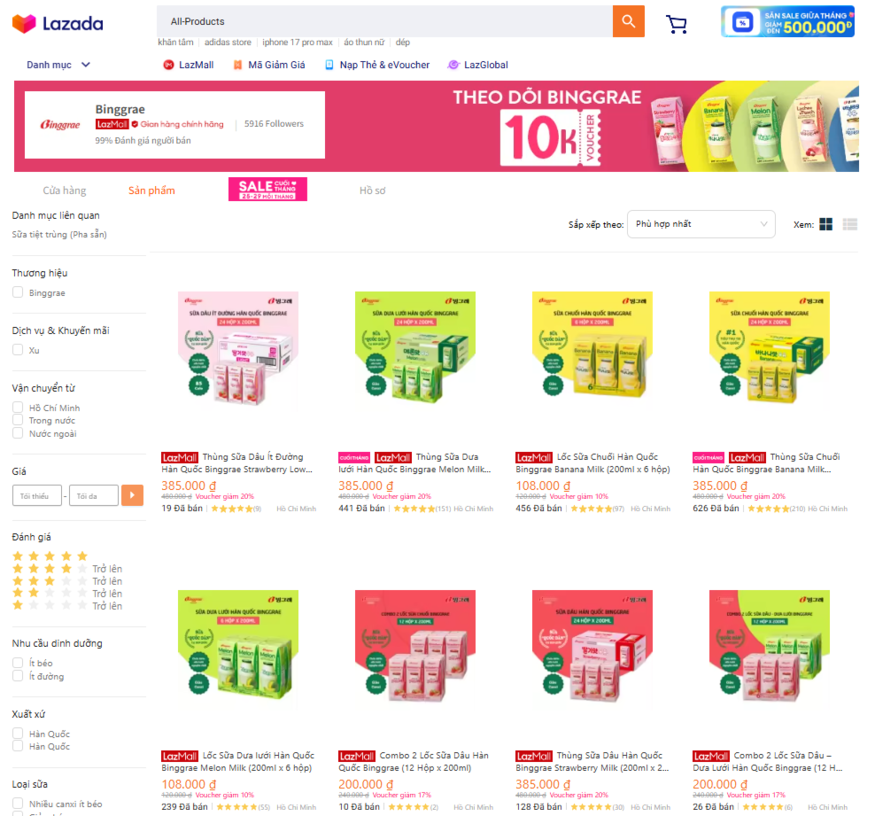빙그레가 동남아시아 최대 이커머스 플랫폼 '라자다(Lazada)' 내 베트남 공식몰을 통해 '바나나맛 우유' 등 주요 제품들을 판매하고 있다. (사진=라자다 갈무리)