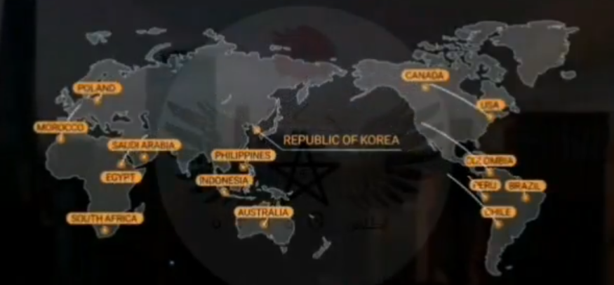 한화오션이 지난 22일 경남 거제 한화오션 사업장에서 열린 '장영실함(장보고-Ⅲ Batch-Ⅱ 1번함)' 진수식에서 공유한 수출 지도. (사진=중동 방산 전문 트위터리안 'AT_AA05'의 엑스(X)')
